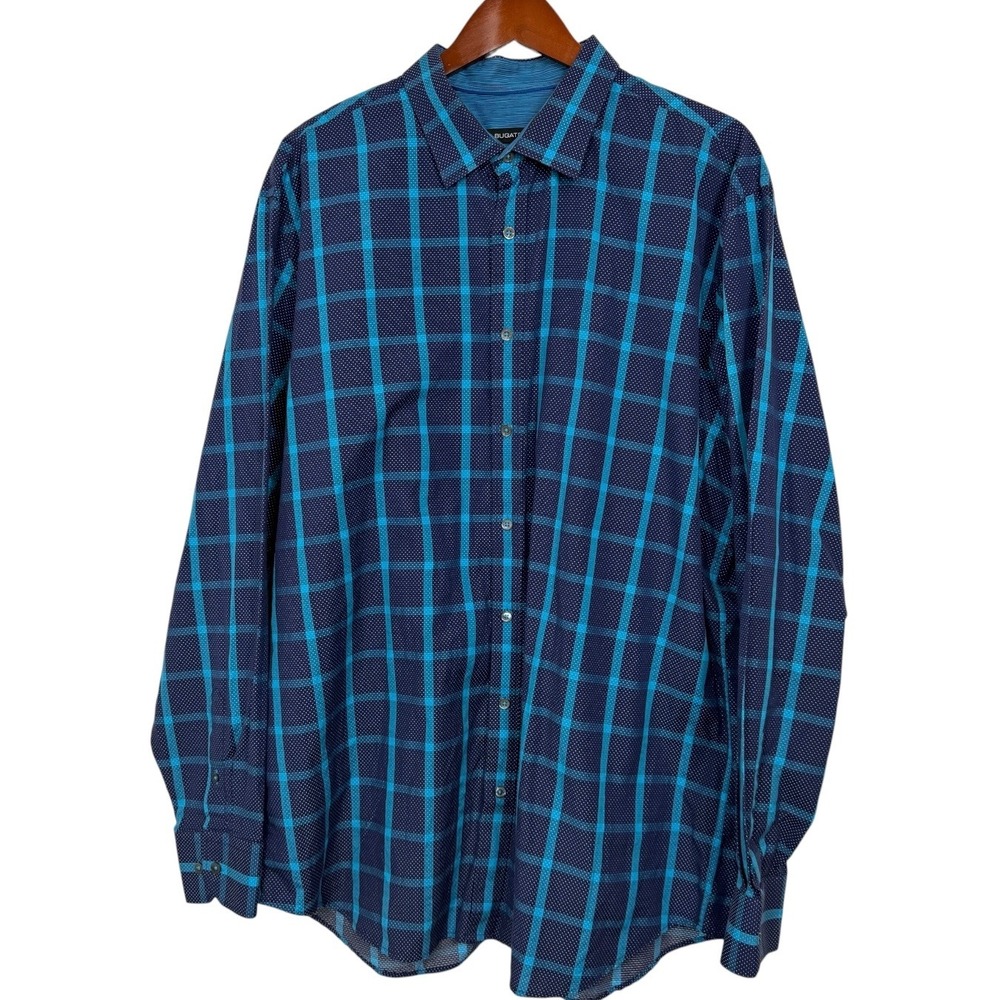 Bugatti Mens Long Sleeve Button Down Shirt Blue Plaid Micro Dot Navy Turquoise L